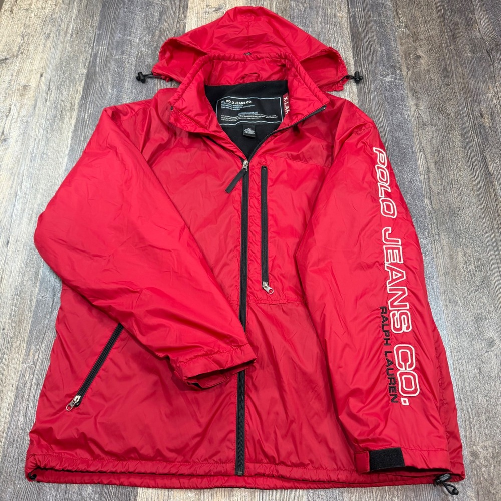 Polo Jeans Co Ralph Lauren Windbreaker Jacket Mens XL Red Fleece Lined Vintage